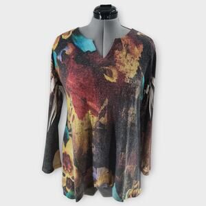 Jess & Jane Blouse Women's L V-Neck Artsy Abstract Lightweight USA made VTG